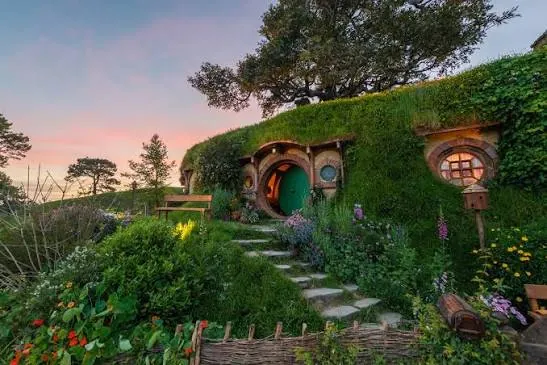 Hobbiton movie set hobbit holes