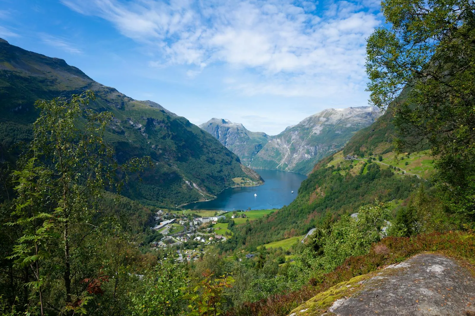 Panoramic view of a Norwegian fjord with steep mountains and deep blue water