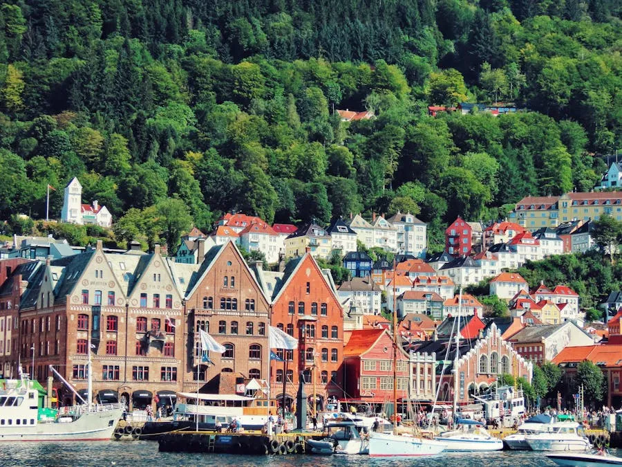 Colourful wooden Hanseatic buildings along Bryggen wharf Bergen