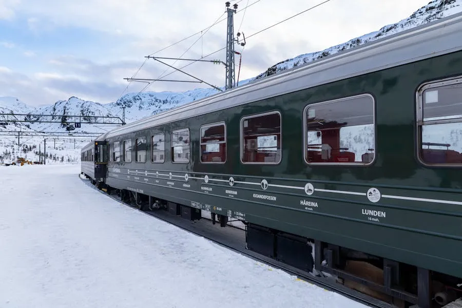 Fl&aring;m Railway train winding through steep mountain valley