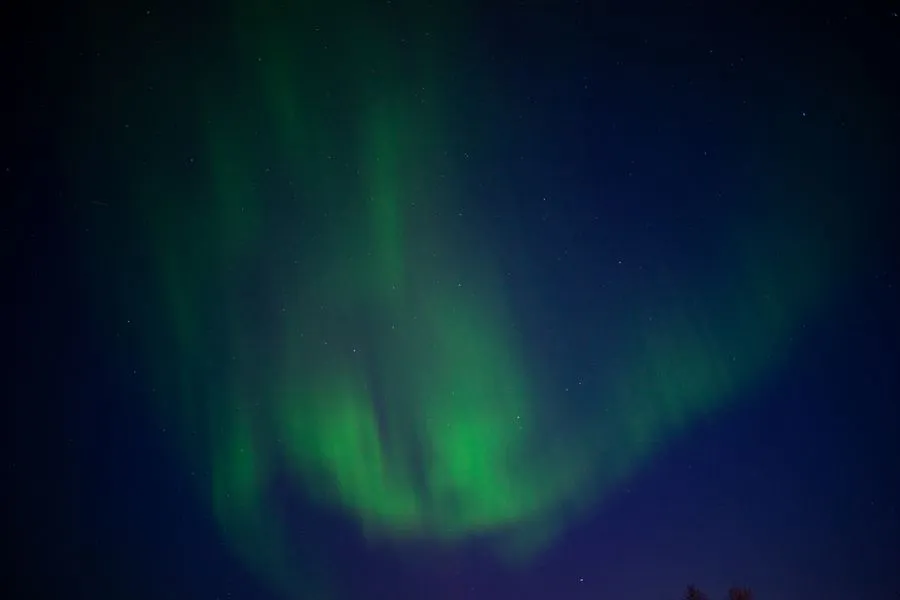 Green northern lights dancing over a snowy Norwegian landscape
