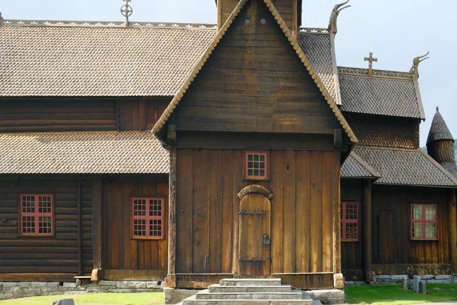Dark wooden Borgund stave church with dragon-head carvings