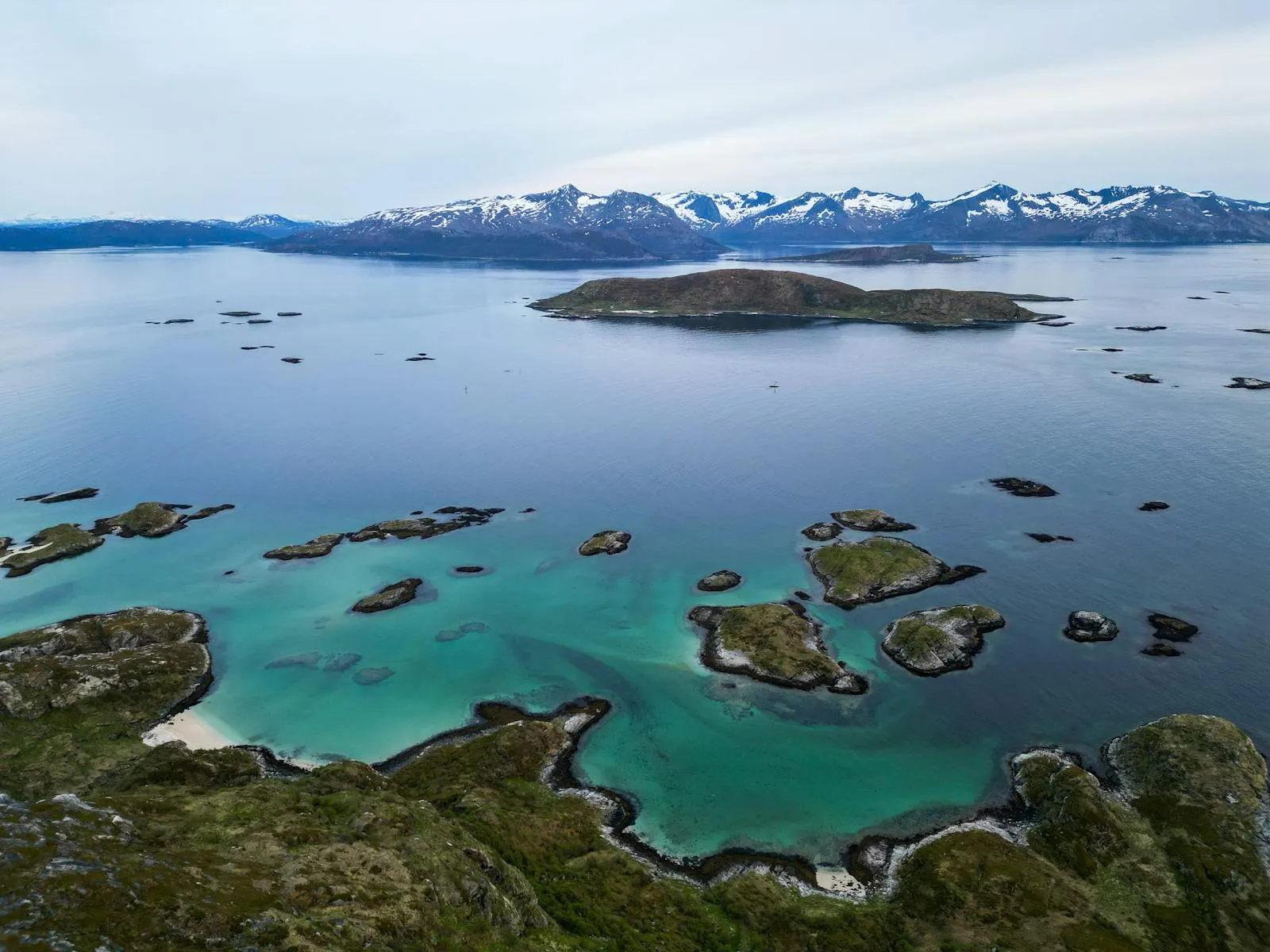 Aerial view of the Norwegian coastline showing fjords and islands