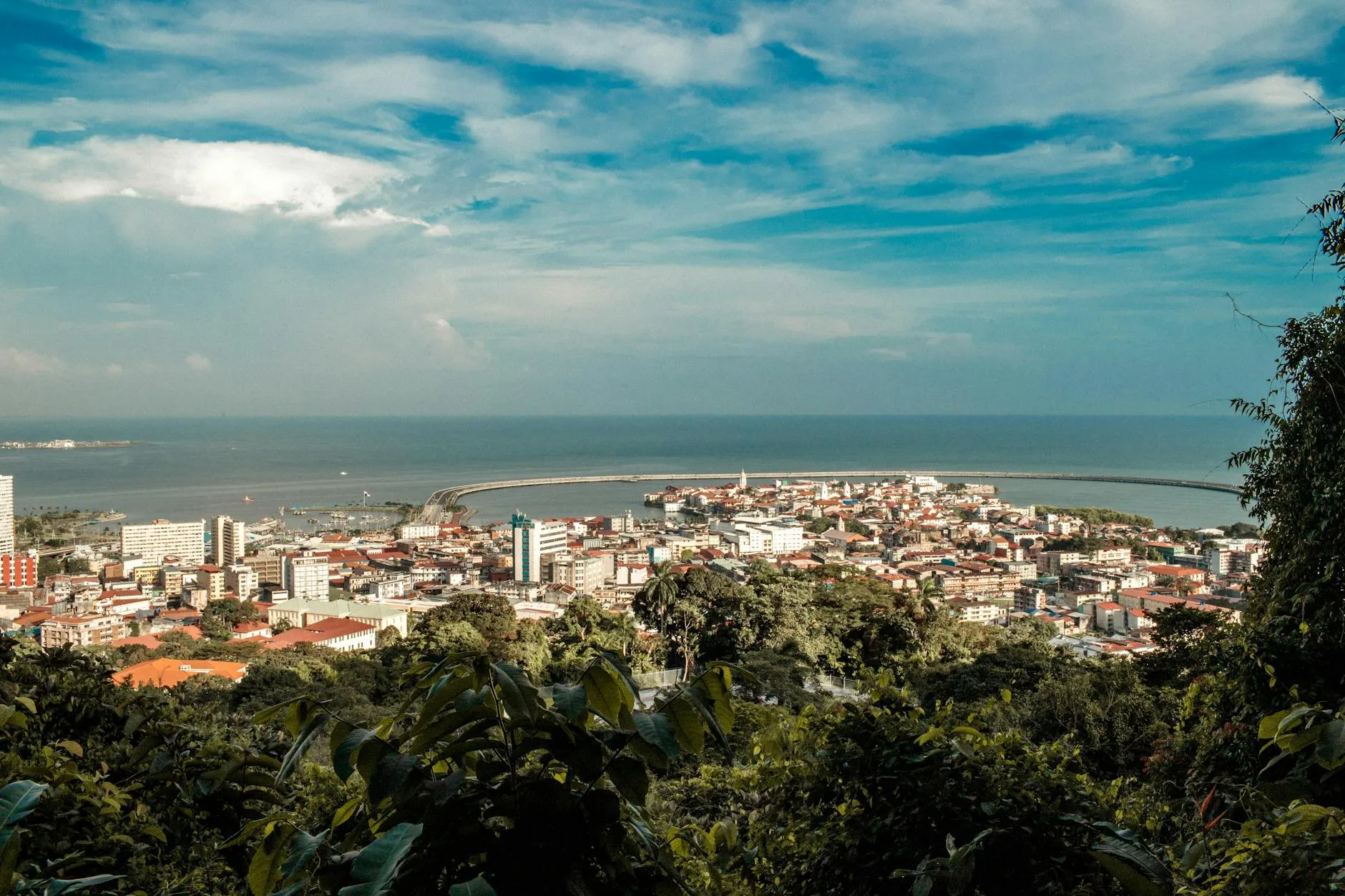 A stunning aerial view of a coastal city overlooking the vast ocean under a clear blue sky.