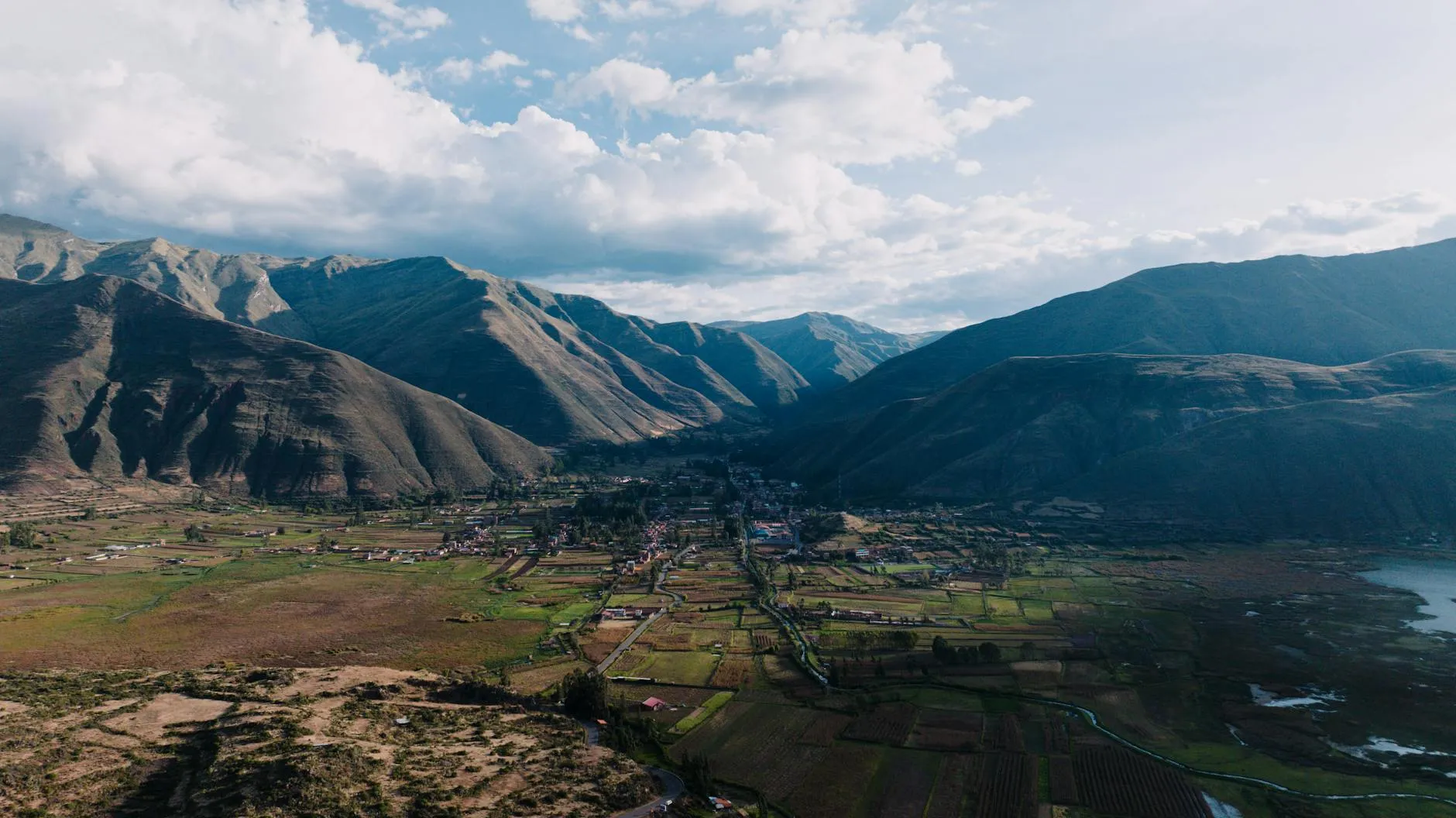 Panoramic aerial view across the Peruvian landscape with Andes mountains