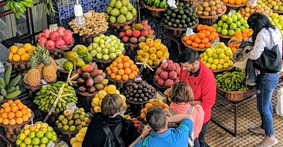 Colourful outdoor market stall with fresh Portuguese produce