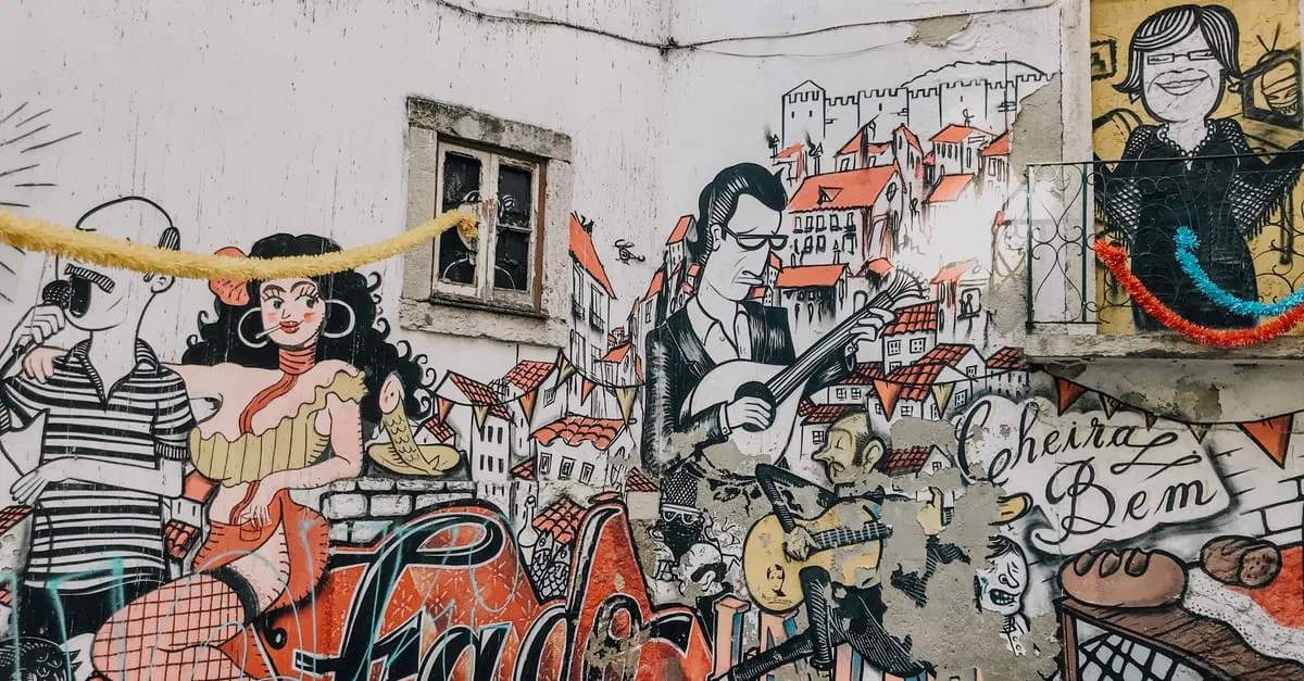 Fado street art mural depicting musicians and singers in Lisbon