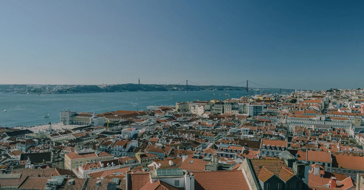 Panoramic view of Lisbon with red rooftops and the Tagus River