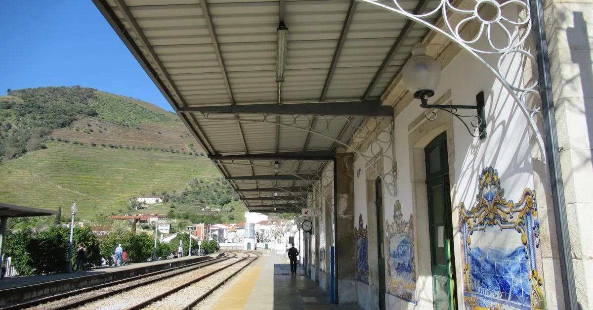 Pinh&atilde;o train station platform with blue and white azulejo tiles and terraced Douro Valley hillside