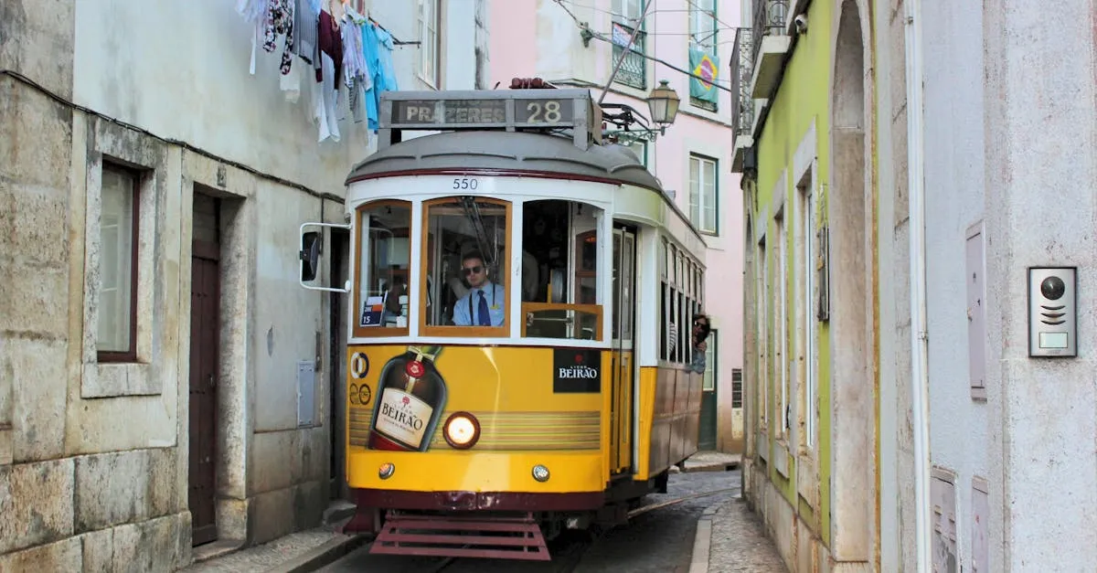 Historic Lisbon tram number 28 on a steep narrow street