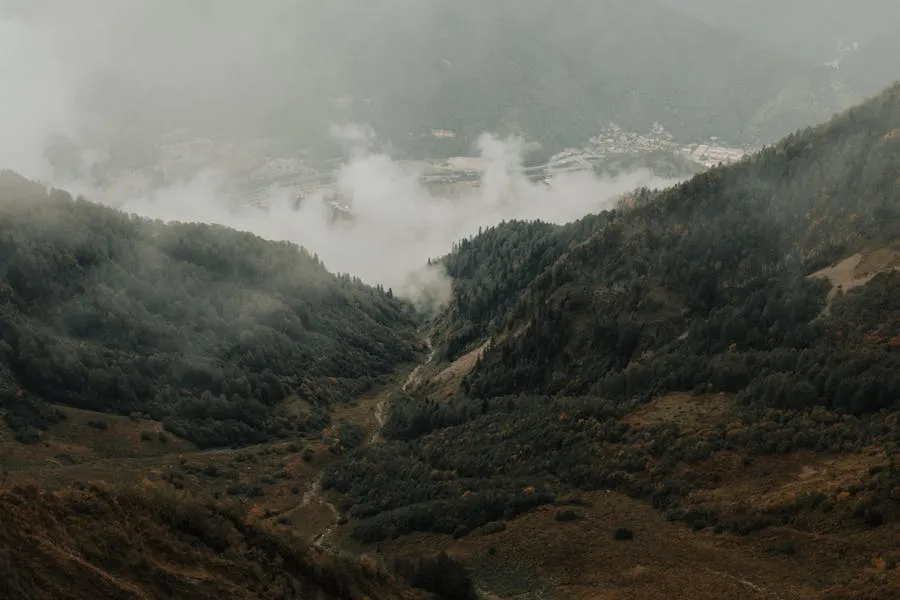 Western Caucasus forested mountains with mist in the valleys