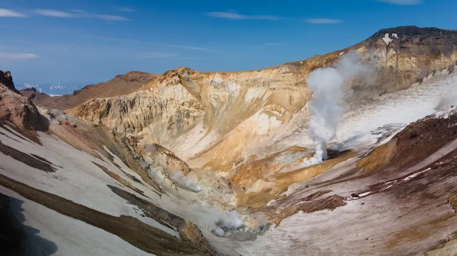 Steaming volcanic landscape of Kronotsky Nature Reserve in Kamchatka