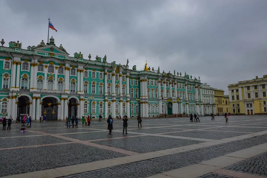 Winter Palace facade of the Hermitage Museum in pale green and white