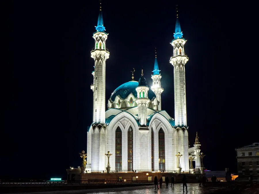 Kazan Kremlin with white walls and the blue-domed Kul Sharif Mosque