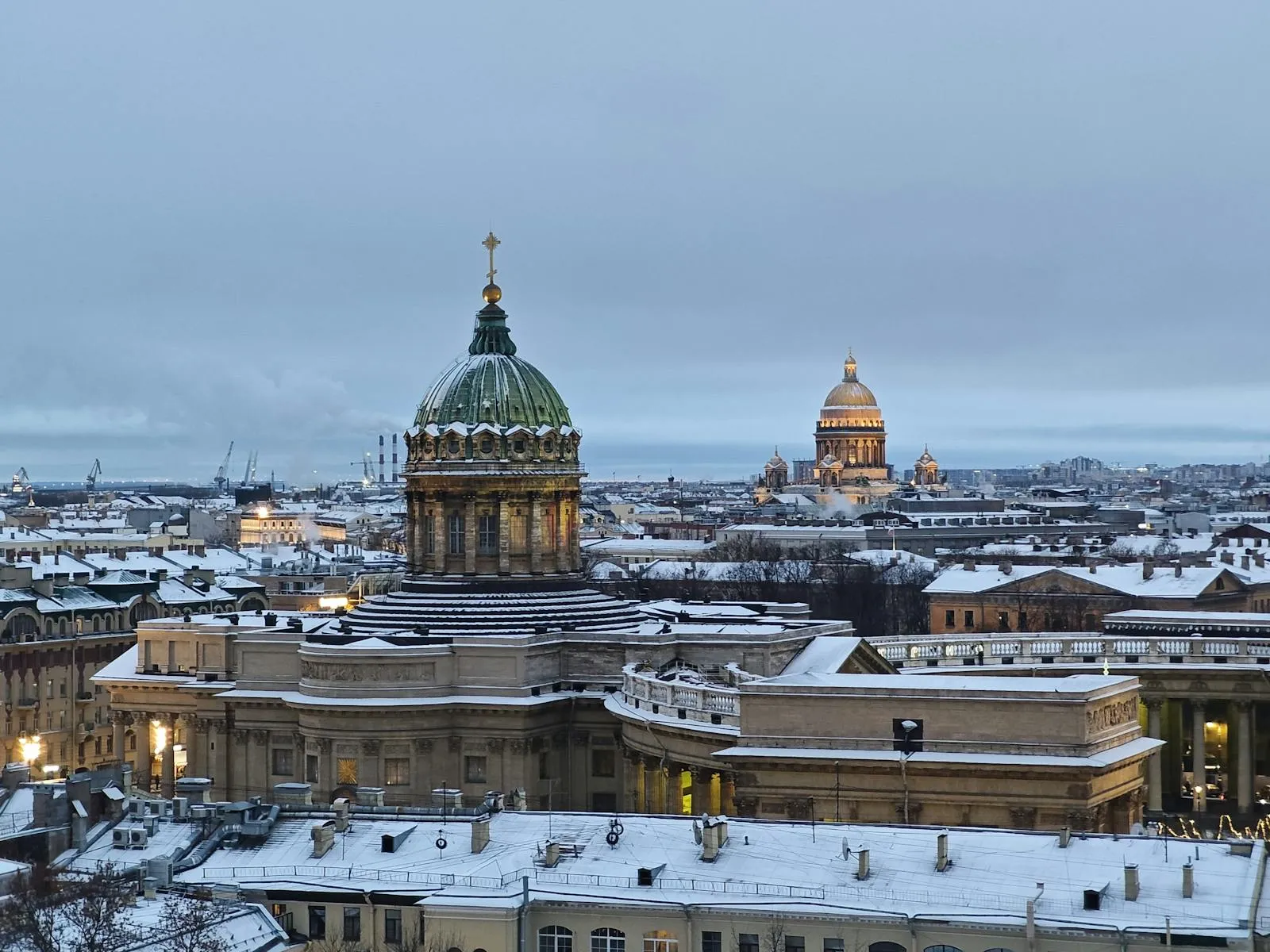 Evening view of a Russian city with golden church domes