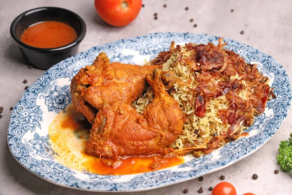 Plate of kabsa with fragrant spiced rice topped with roasted chicken