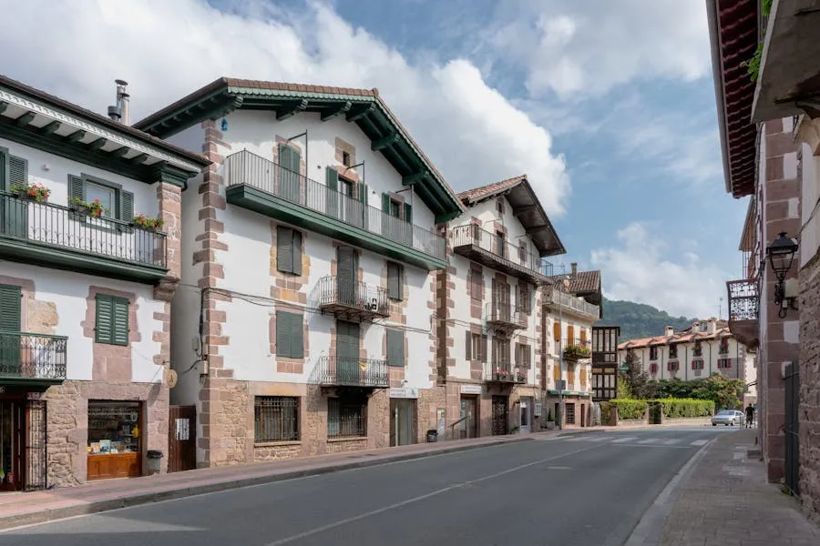 Quiet village street lined with historic buildings