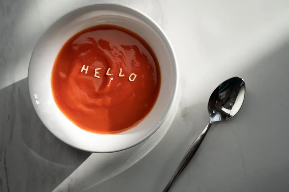 Bowl of chilled gazpacho garnished with diced vegetables