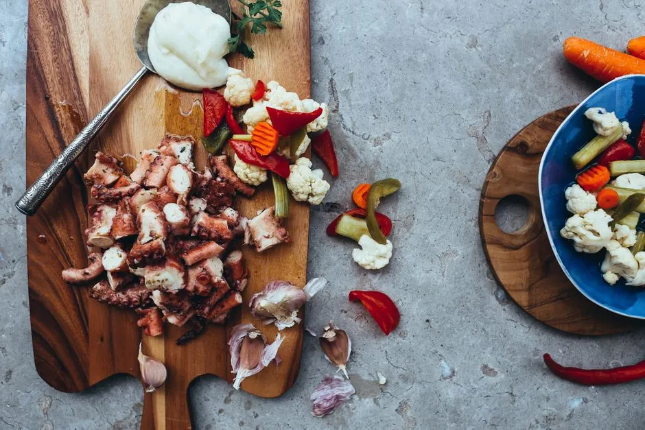 Pulpo a la gallega served on a wooden board with paprika