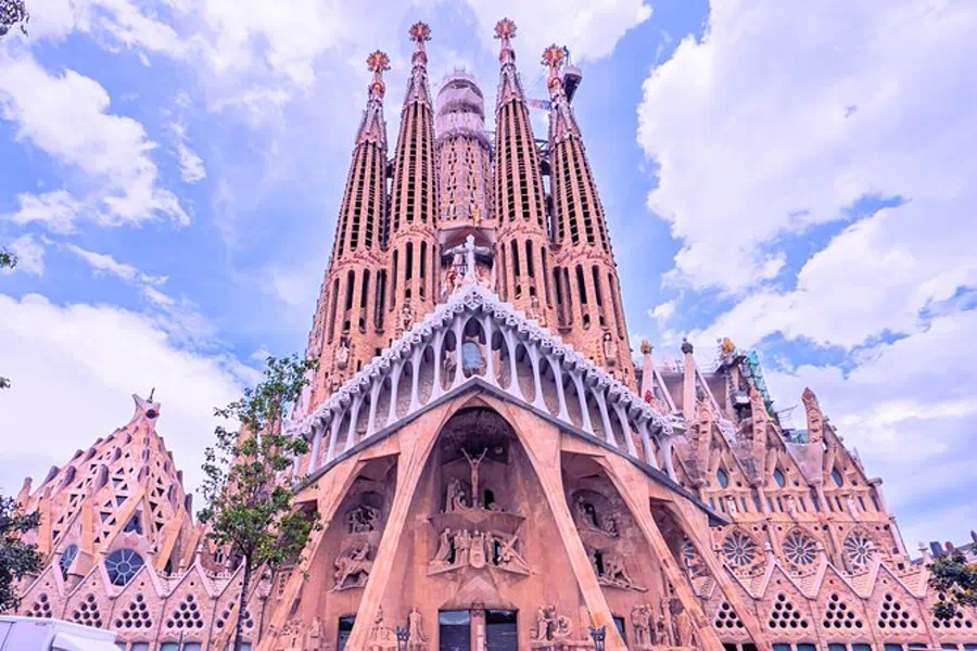 Soaring interior columns of the Sagrada Familia bathed in coloured light