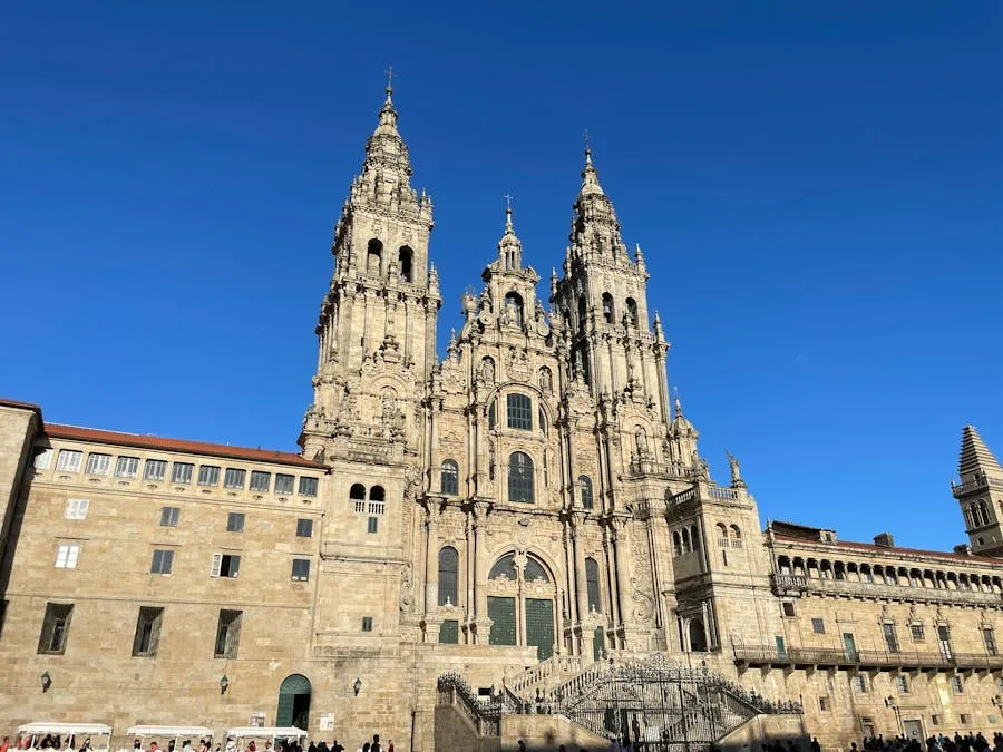Baroque facade of Santiago de Compostela Cathedral in bright daylight