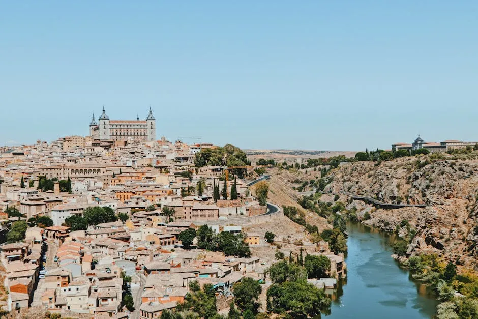 Panoramic view of Toledo's medieval skyline above the Tagus River