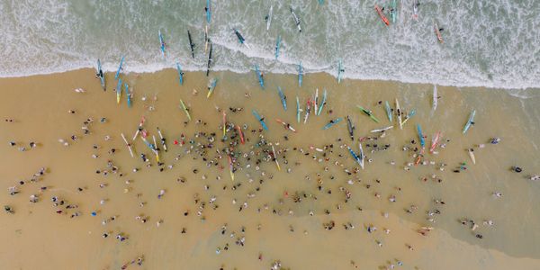 People surfing on sea waves in tropical waters