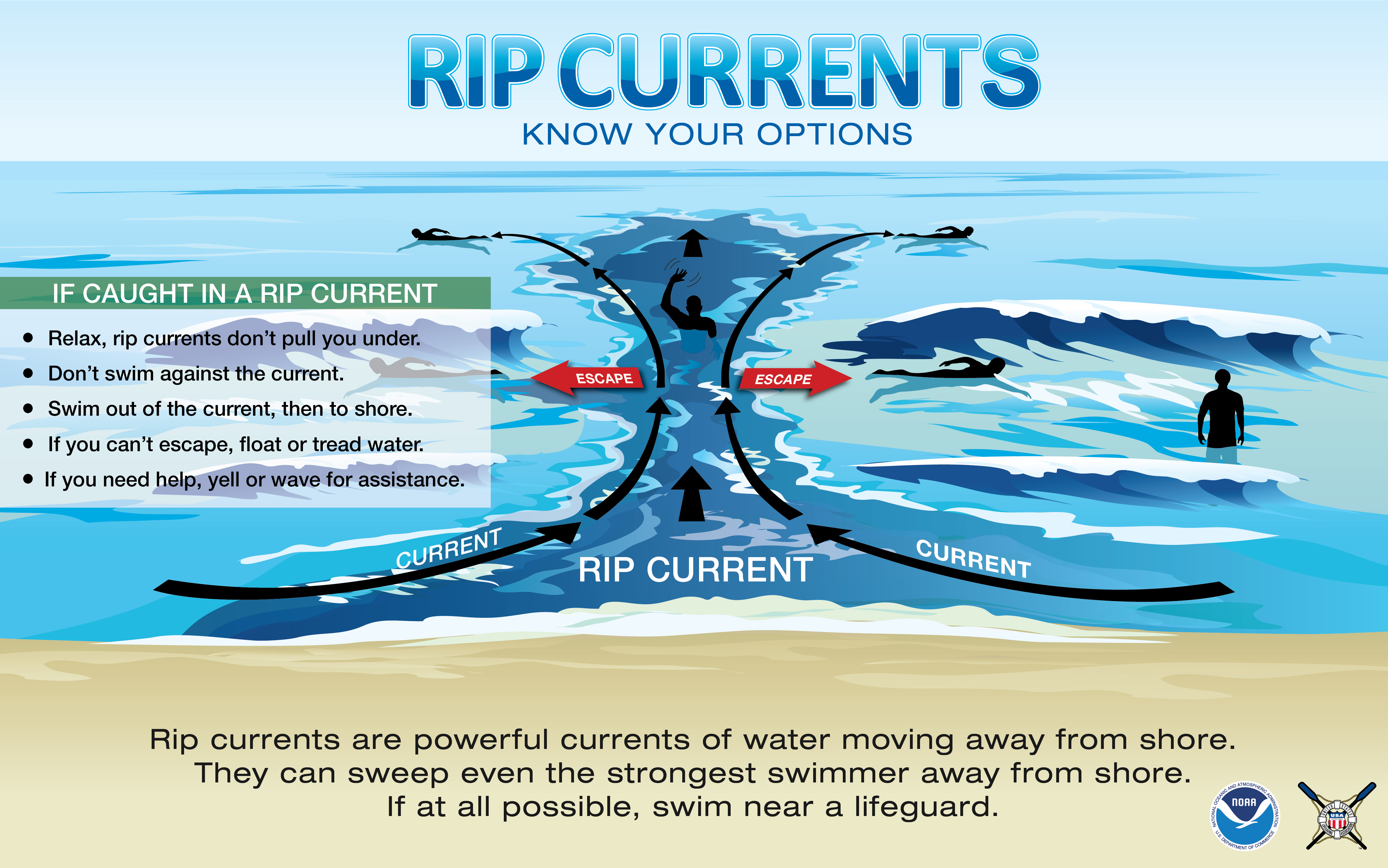 Rip current diagram showing how rips form, where they flow, and how to escape by swimming parallel to shore