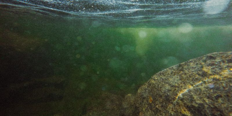 Underwater rock visible just below the surface &mdash; a hidden danger at unfamiliar surf spots