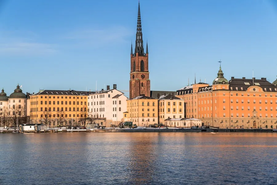 Stockholm old town Gamla Stan waterfront at golden hour