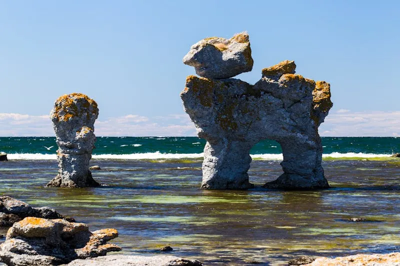 Dramatic limestone sea stacks (raukar) on Faro island