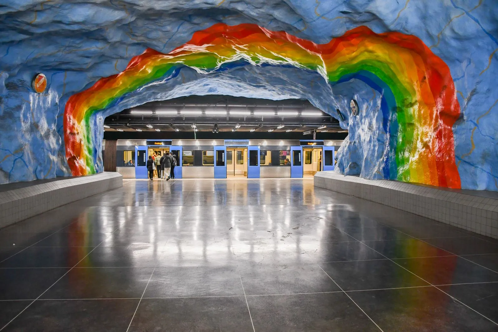 Colourful art installation inside a Stockholm metro station