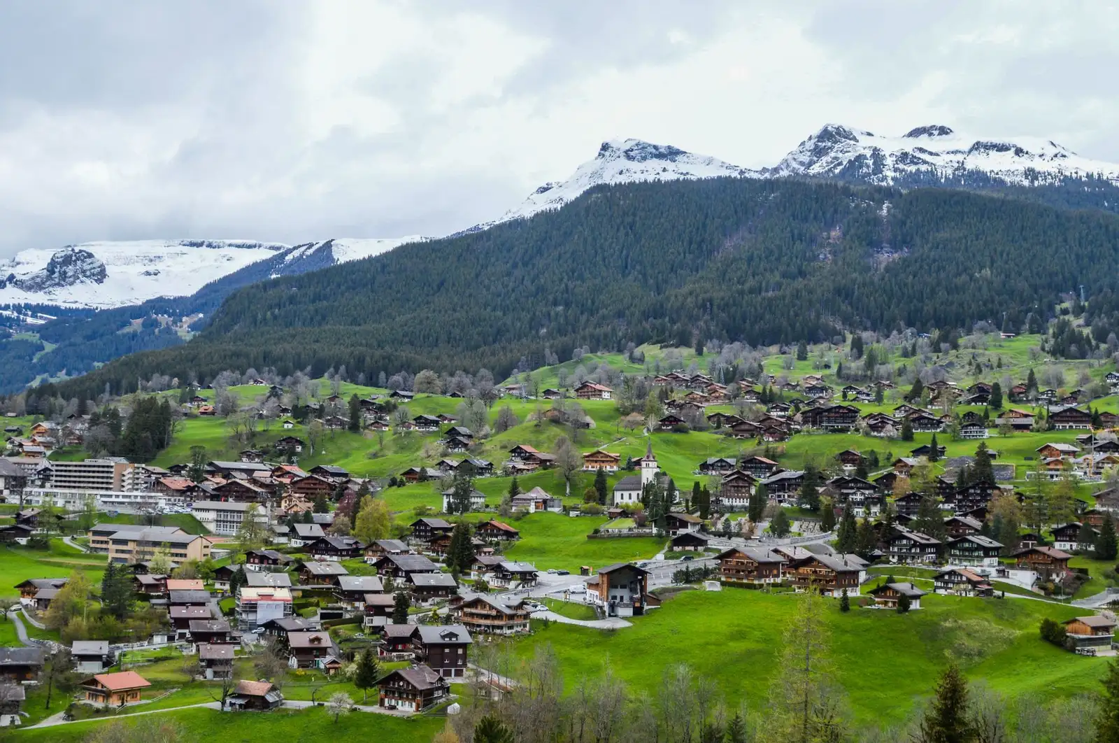 Panoramic view of a Swiss alpine village with snow-capped peaks behind
