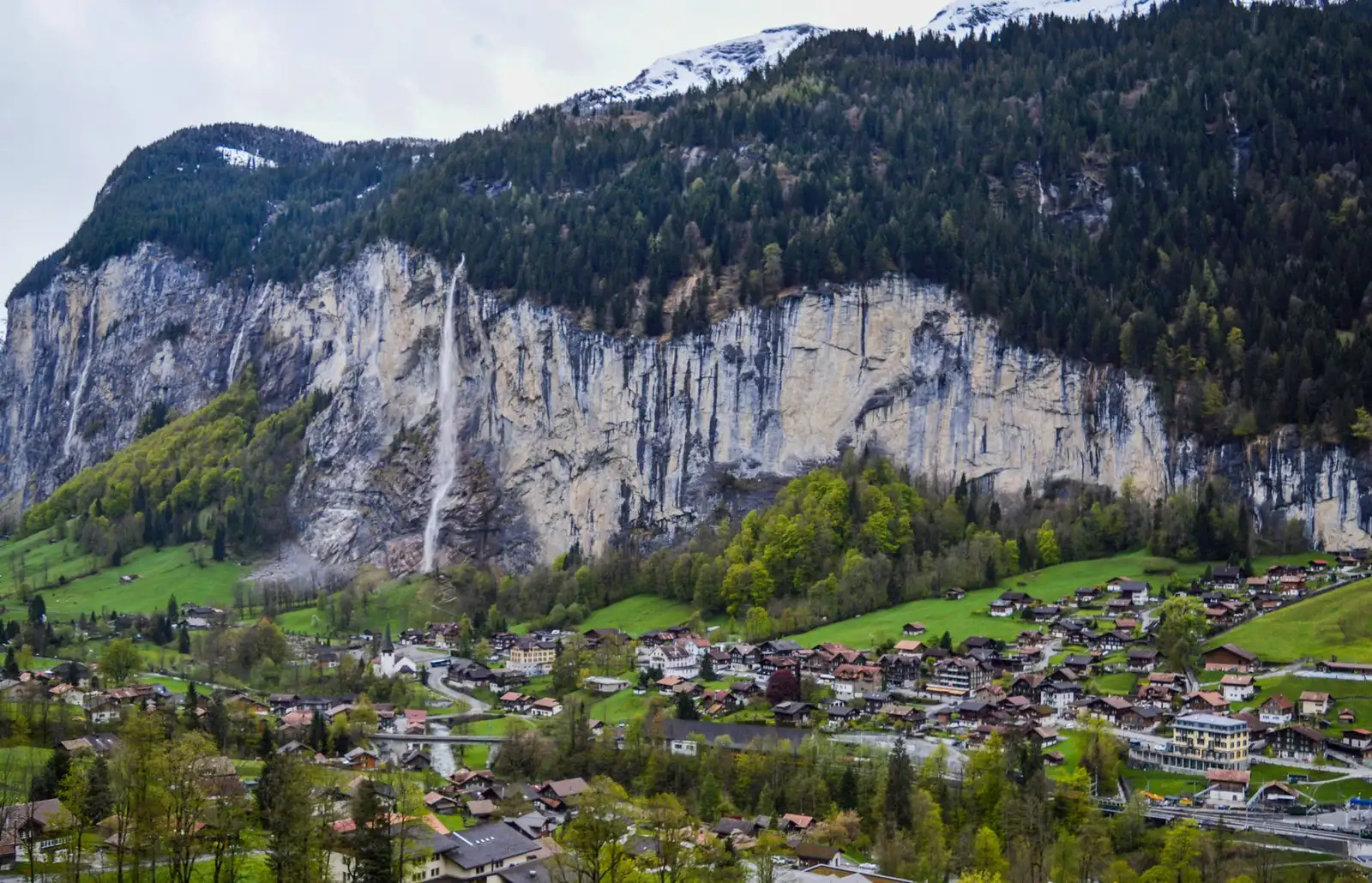 Lauterbrunnen Valley with waterfalls tumbling from tall cliffs