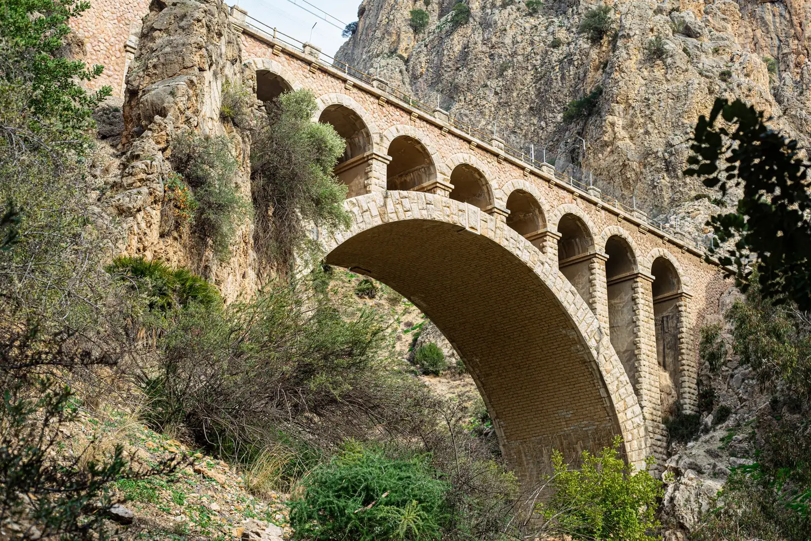 Bernina Express on a curved stone viaduct