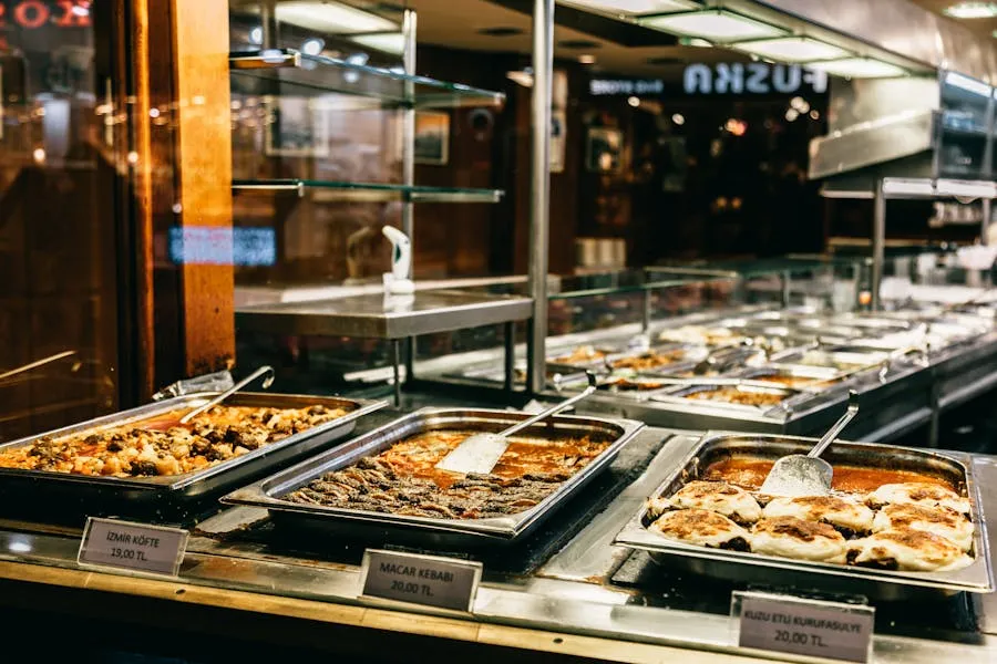Turkish lokanta with steam trays of home-cooked dishes