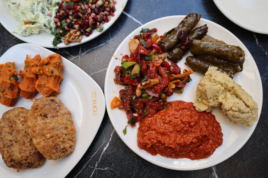 Turkish meze spread with hummus, dolma, and dips