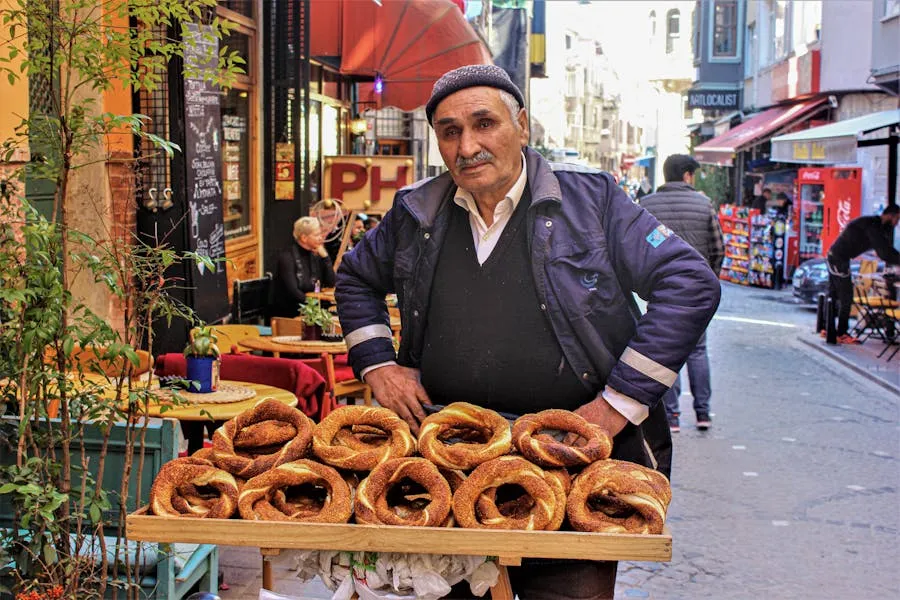 Turkish street food vendor with simit and lahmacun