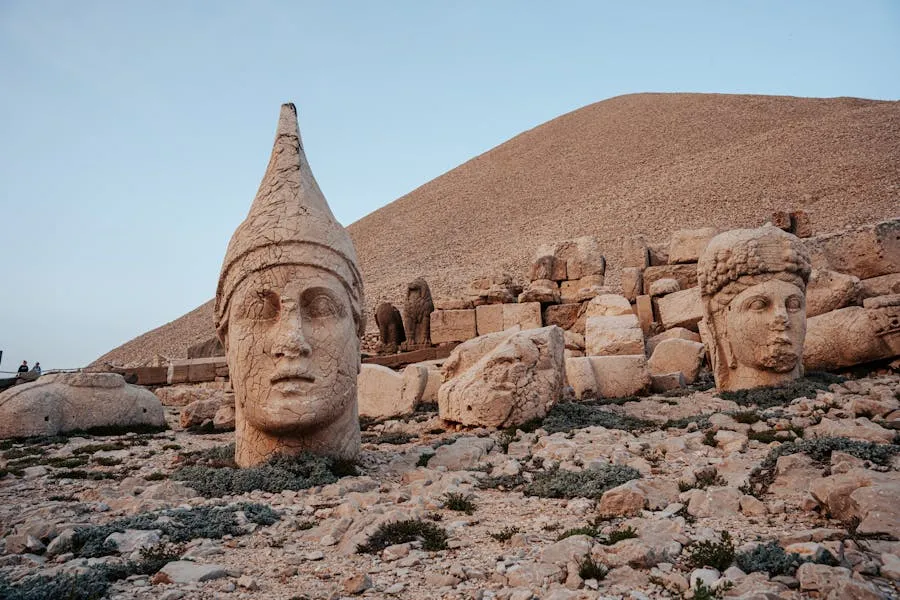 Giant stone heads on Mount Nemrut at sunrise