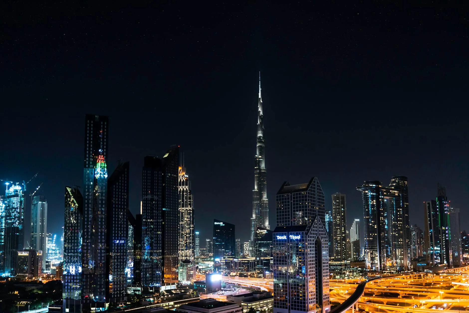 Dubai skyline with Burj Khalifa towering over surrounding buildings