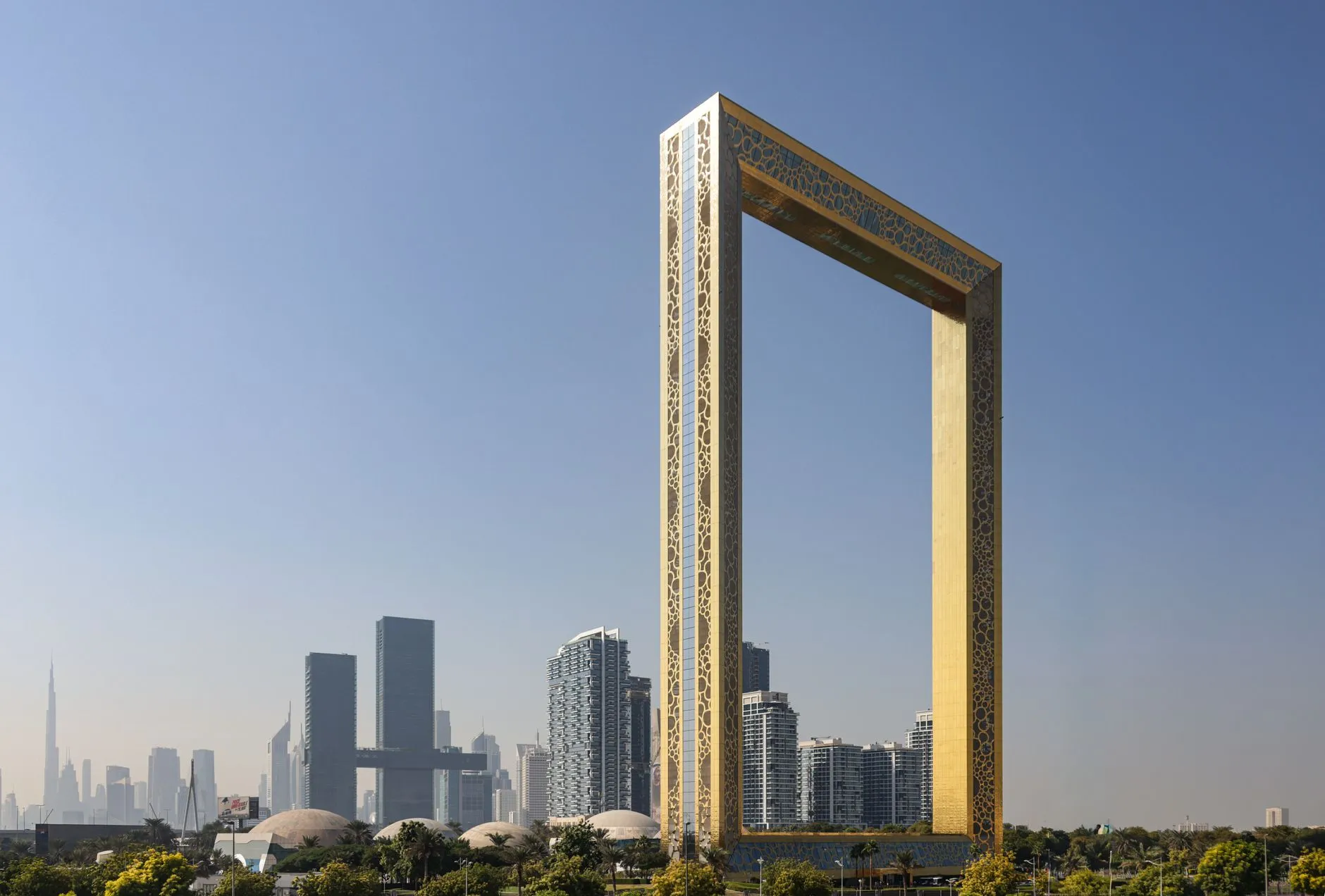 Dubai Frame golden structure framing the old and new city