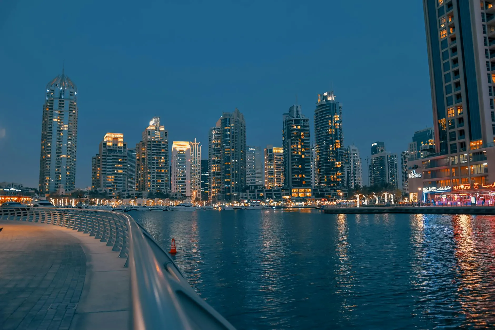 Dubai Marina at twilight with warm golden light
