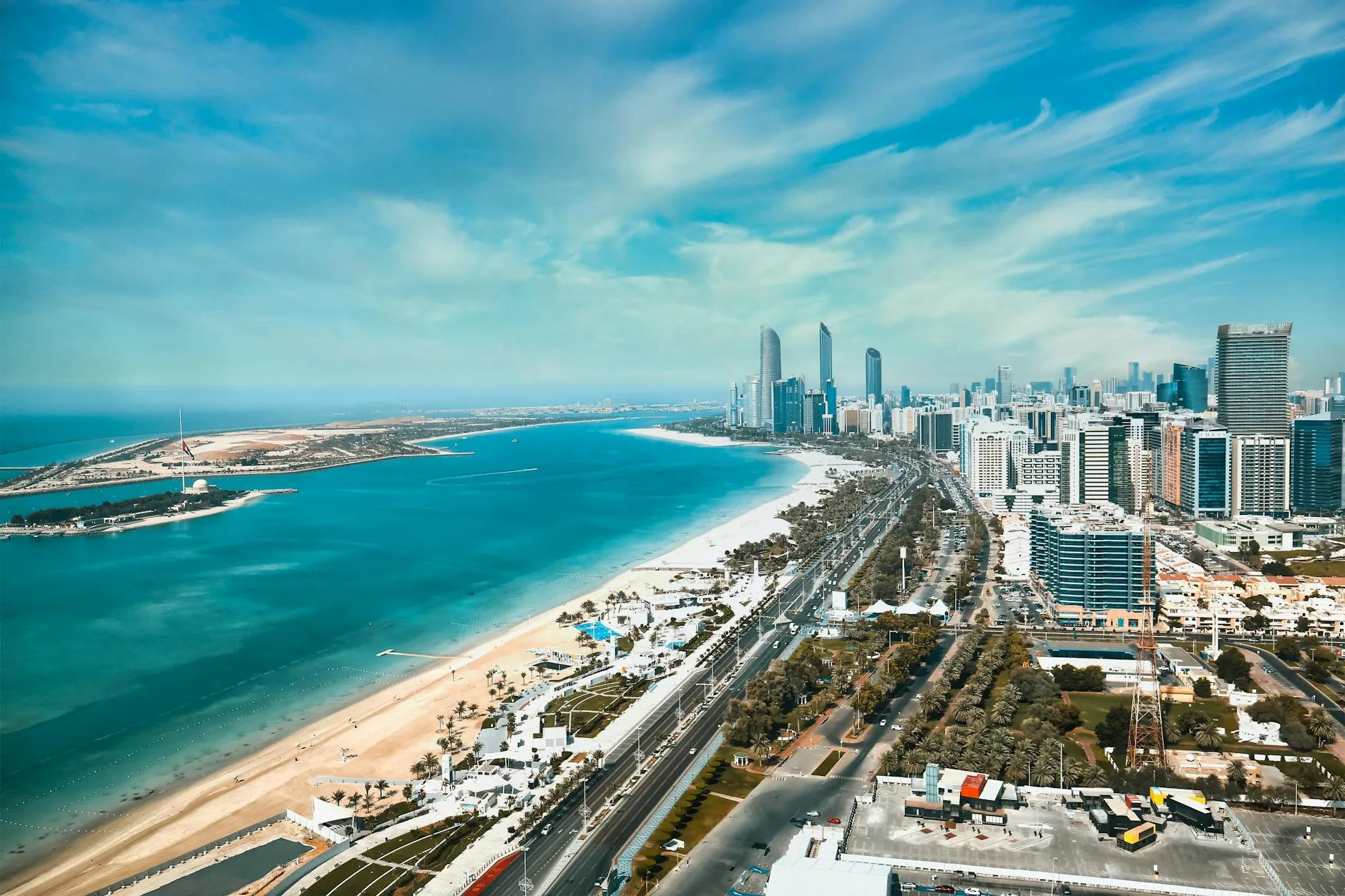 Aerial view of Abu Dhabi coastline and islands