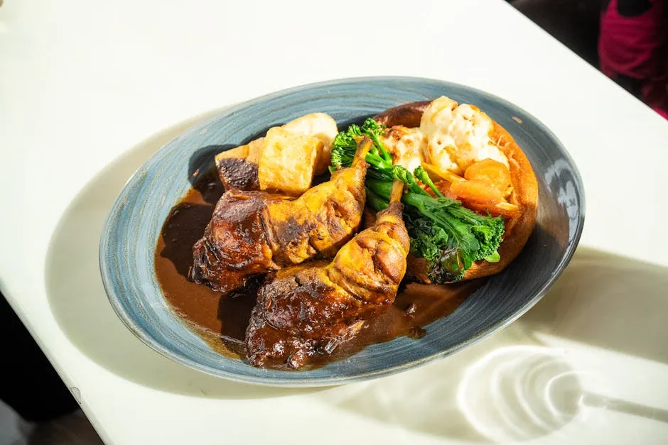 Sunday roast with beef, Yorkshire pudding, roast potatoes and gravy