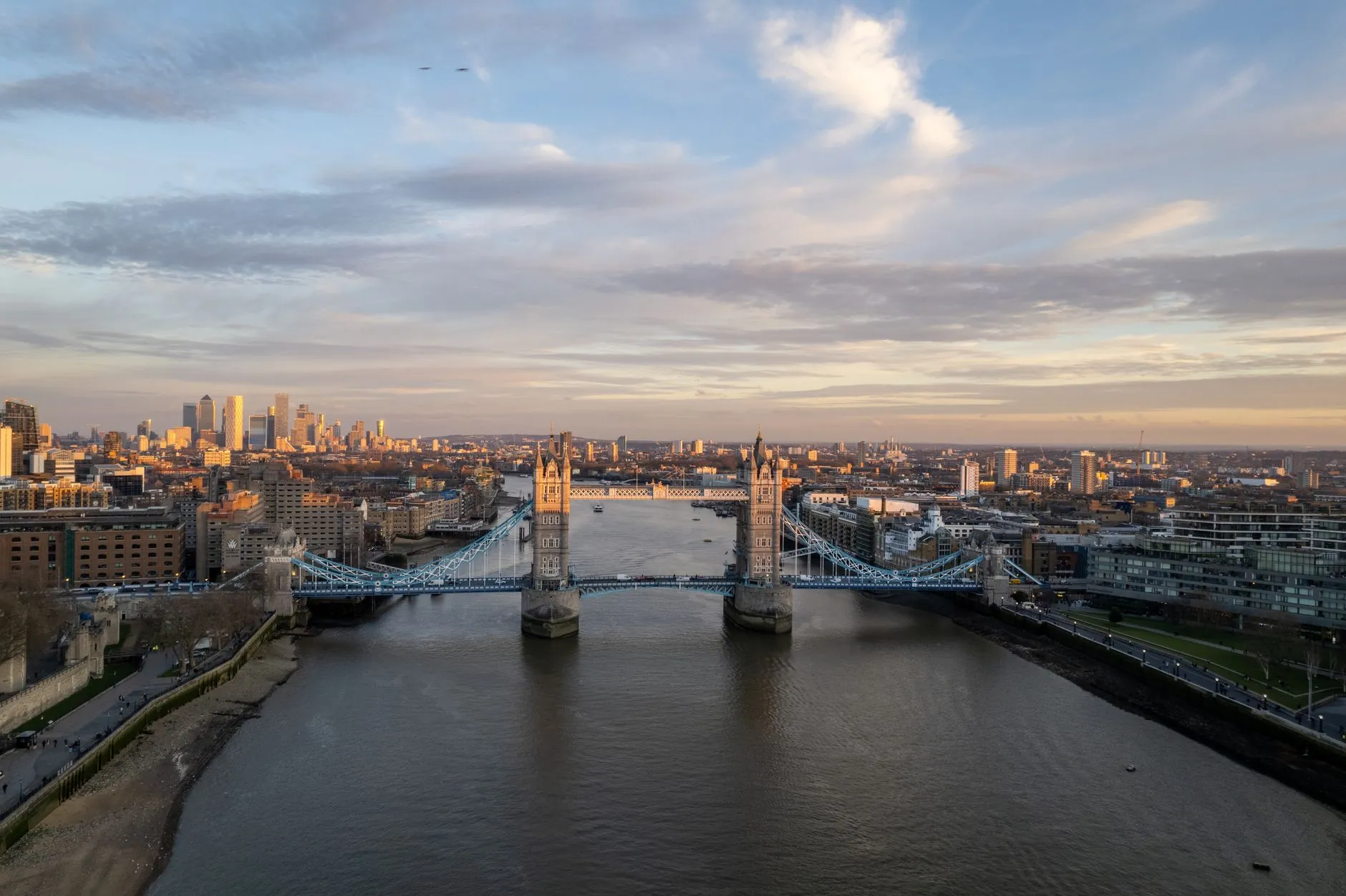 London skyline with the Thames and Tower Bridge at dusk