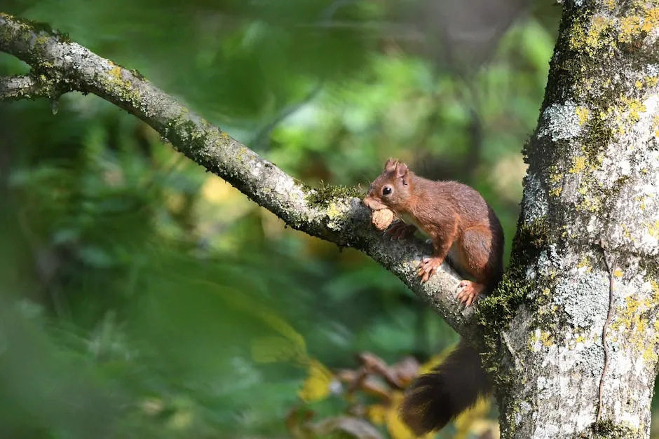 Red squirrel eating a nut on a mossy branch