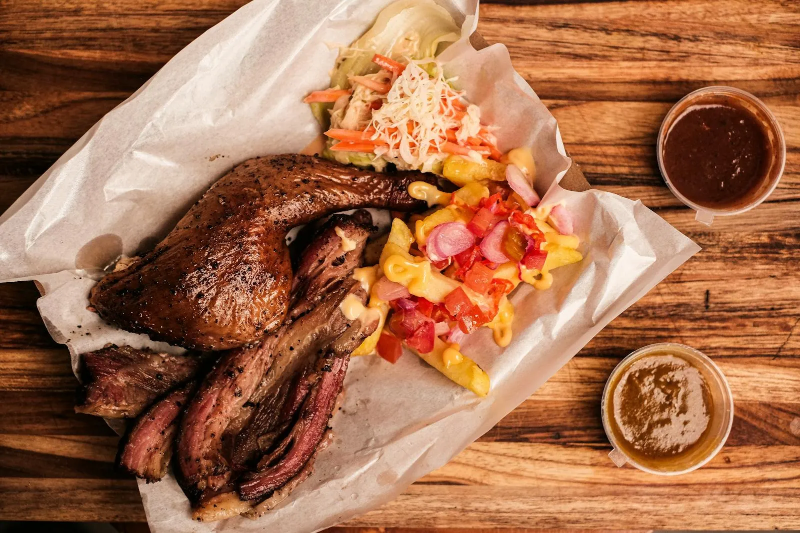 Assortment of American barbecue with brisket ribs and sides