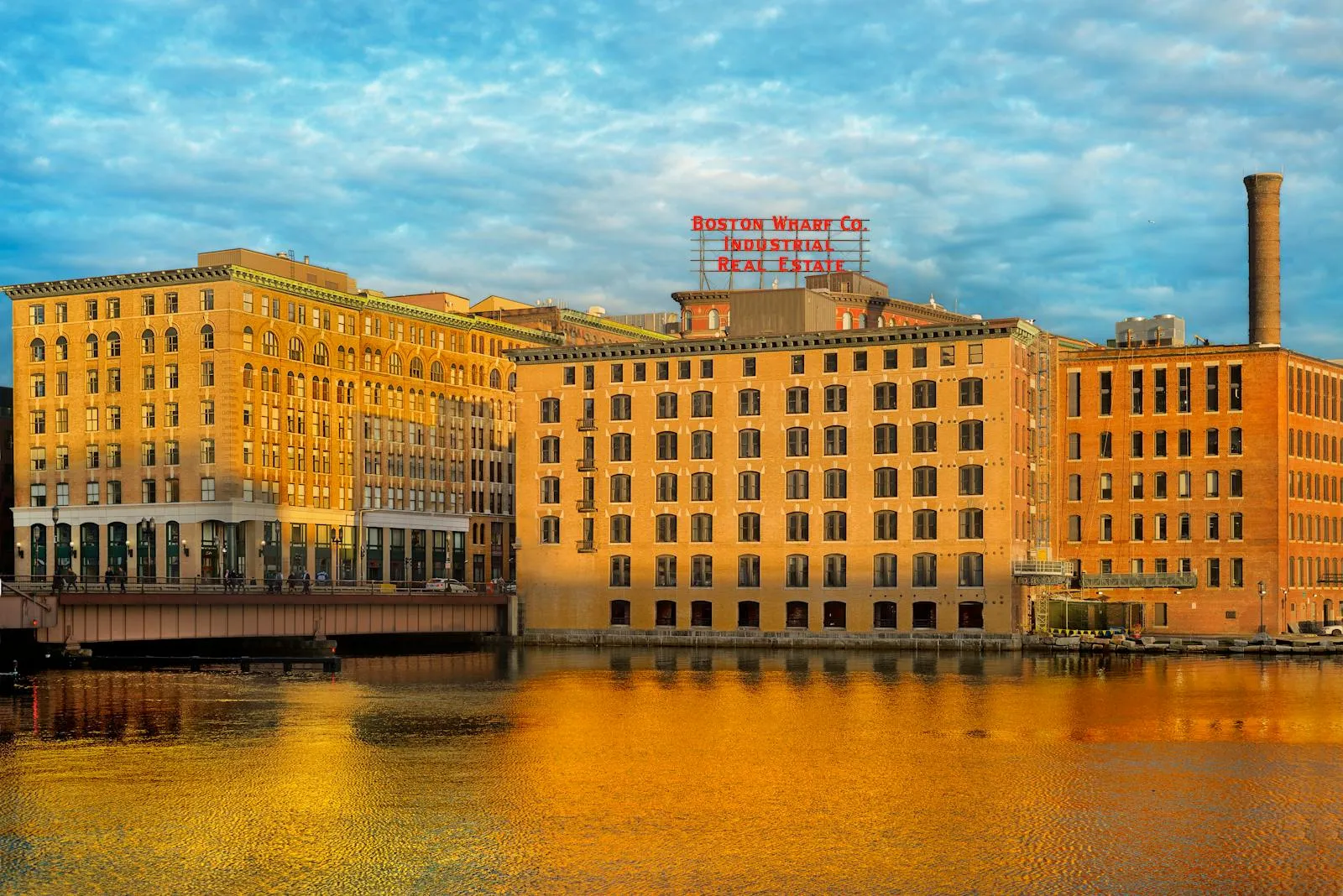 Boston harbour waterfront with historic brick buildings
