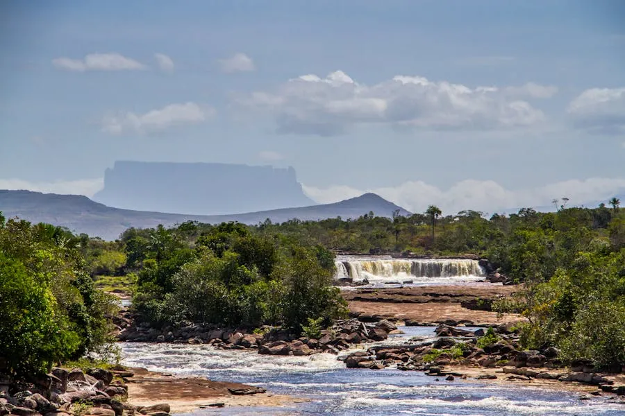River cascades and tepui table mountains in Canaima National Park