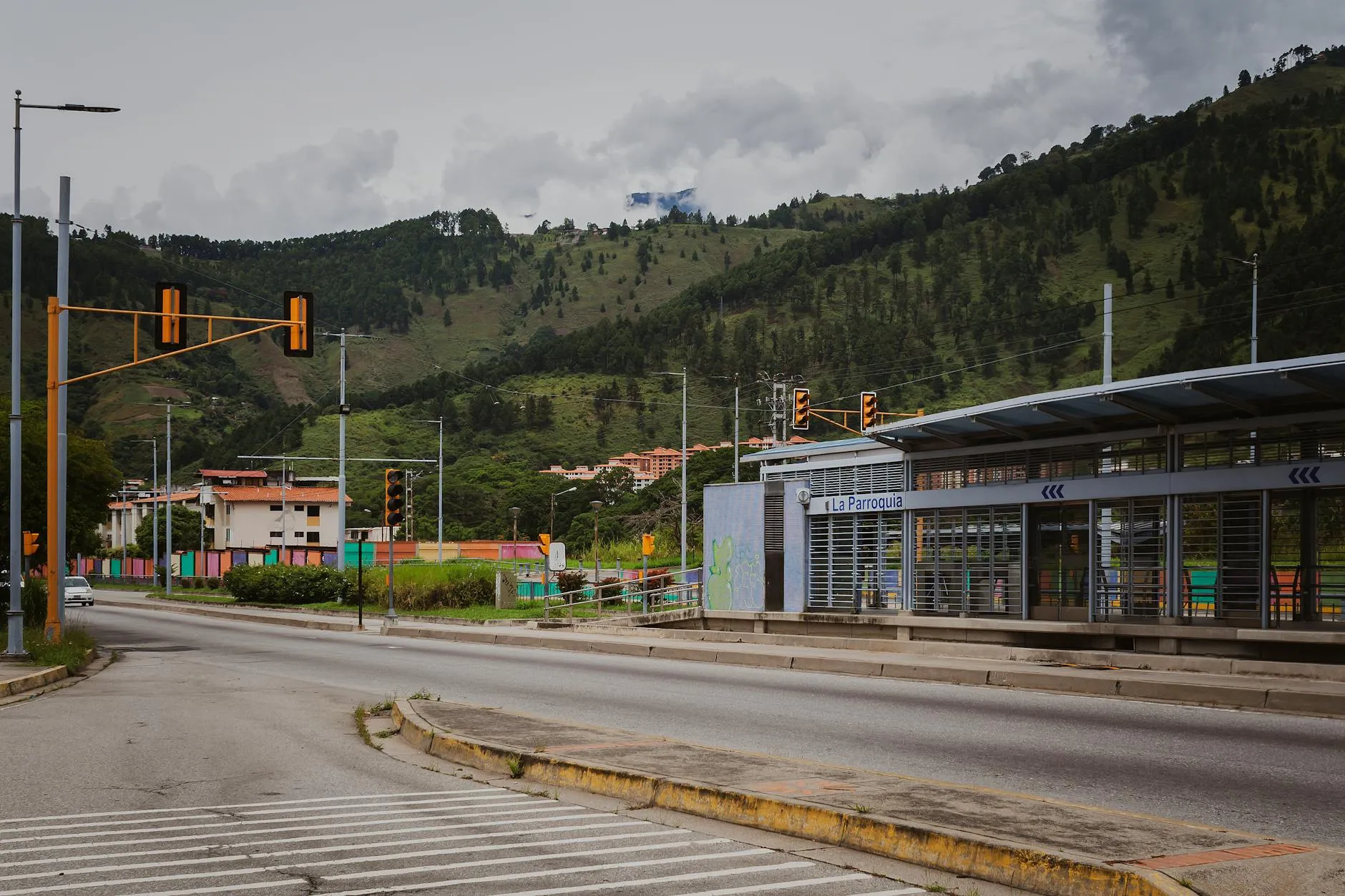 View of La Parroquia tram stop and surrounding hills in Mérida, Venezuela.